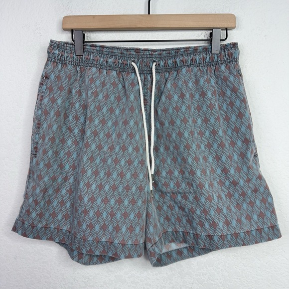 Faherty Swim Trunks Mens L Blue Abstract Diamond Pattern Drawstring Beach Shorts - Picture 1 of 7